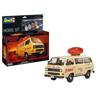 KIT PARA MONTAR REVELL MODEL SET STRANGER THINGS ARGYLE'S VW T3 SURFER BOY PIZZA VAN 1/25 84 PEÇAS COMPLETO COM TINTAS COLA E PINCEL REV 67725